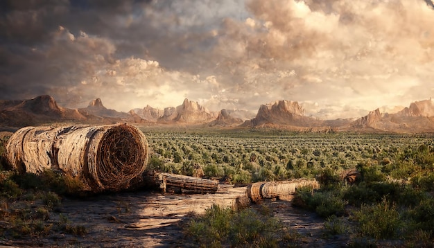 Foto paisagem de um vale de montanha no campo um campo verde e um velho barril de madeira