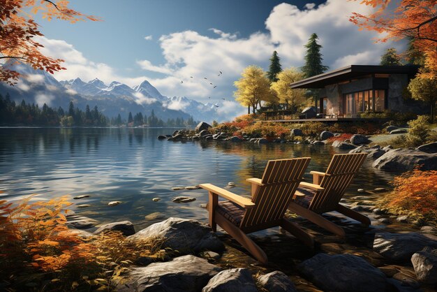paisagem de uma bela casa à beira do lago