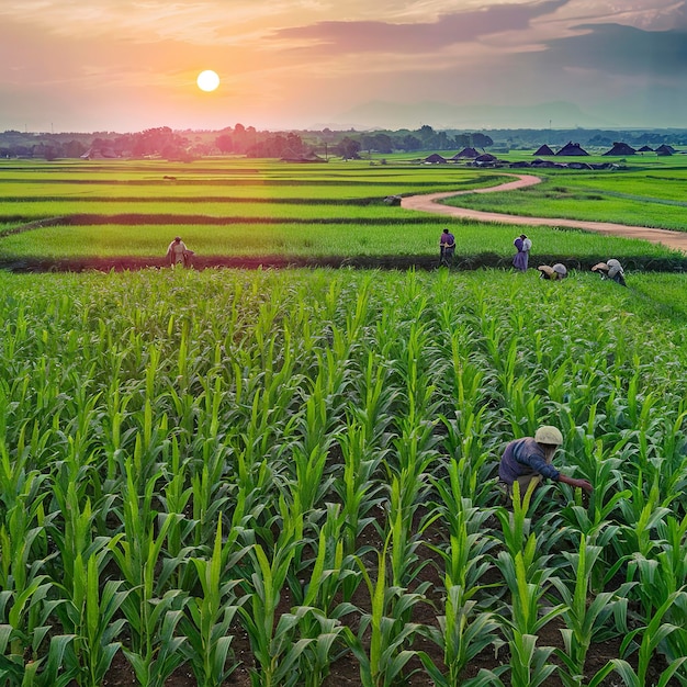 paisagem de uma fazenda de arroz e milho