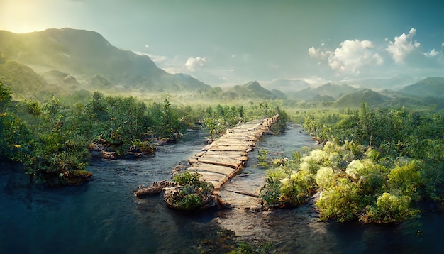 Paisagem de uma floresta com uma lagoa uma ponte de madeira e montanhas sob um céu com nuvens fofas