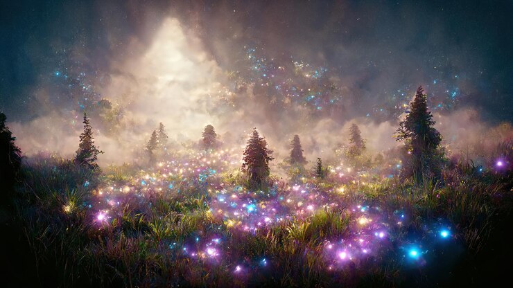 Foto paisagem de uma floresta de fantasia no estilo de fantasia com luzes iridescentes entre a grama