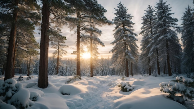 paisagem de uma floresta de pinheiros coberta de neve durante o inverno durante o nascer do sol