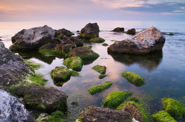 Paisagem de verão colorido. costa rochosa ao pôr do sol