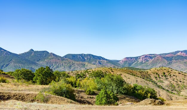 Paisagem de verão com colinas e rochas