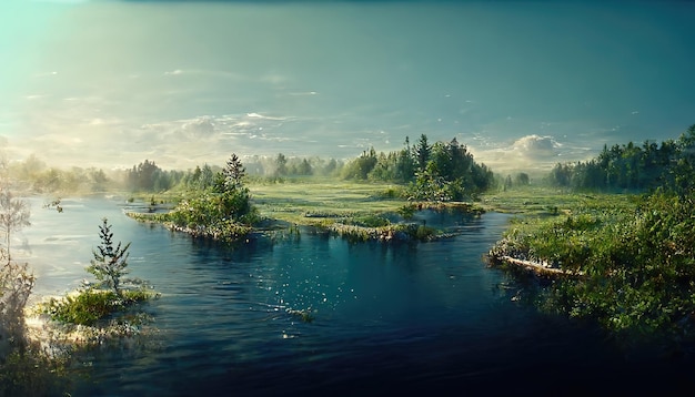 Paisagem de verão com floresta de prados de água azul sob céu azul