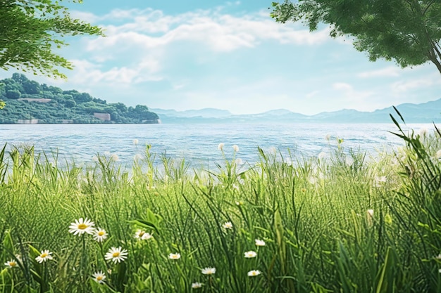 Paisagem de verão com grama verde e margaridas no lago