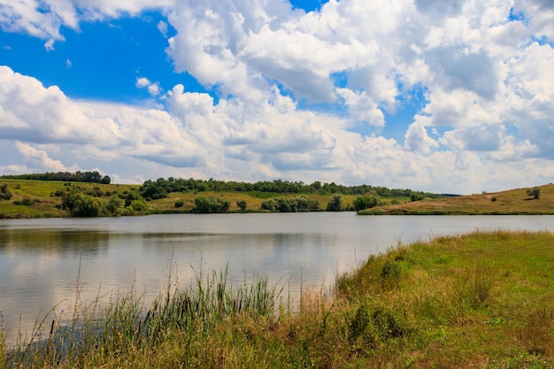 Paisagem de verão com lindo lago, prados verdes, colinas, árvores e céu azul