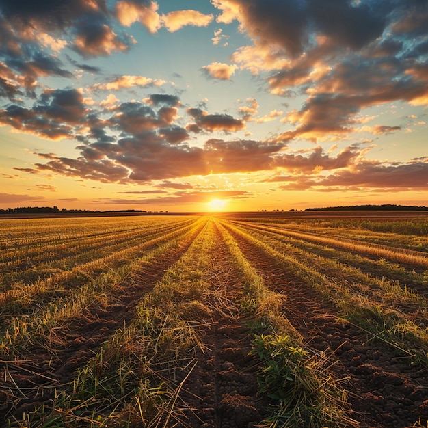 Foto paisagem de verão com um campo não cultivado e um belo pôr-do-sol acima dele