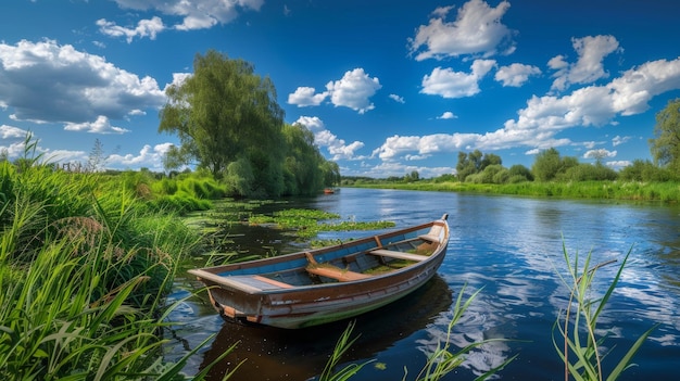 paisagem de verão com um lago sereno um barco de remo de madeira ancorado na litoral verde exuberante sob o céu azul