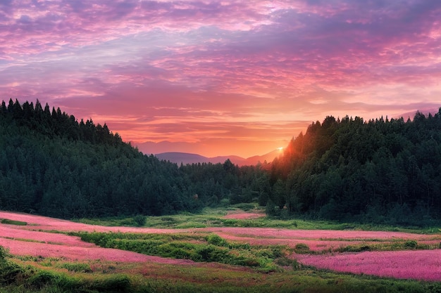 Paisagem de verão da floresta noturna ao pôr do sol uma clareira com flores desabrochando sob um céu rosa com nuvens fofas ilustração 3d