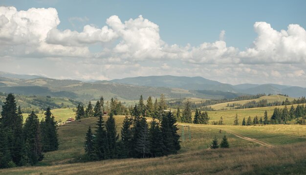 Foto paisagem de verão dos cárpatos belas montanhas no fundo do céu azul