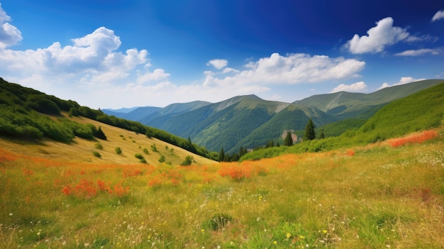 Paisagem de verão nas montanhas e o céu azul generativo ai