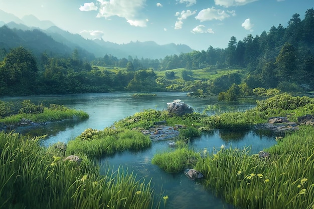 Paisagem de verão um vale com um lago balança um campo verde com grama exuberante sob uma ilustração 3d de céu azul