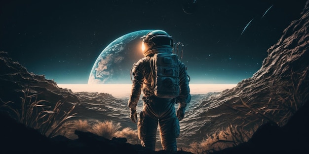 Paisagem de vista majestosa em pé cosmonauta em traje espacial linda imagem de ilustração