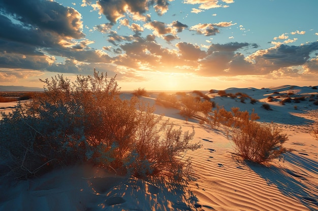 Paisagem desértica cênica com dunas de areia onduladas arbustos secos e céu nublado ao pôr-do-sol