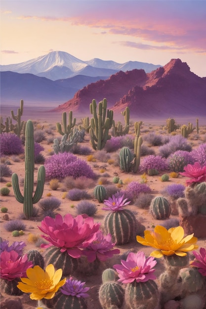 Paisagem desértica com cactos em flor em primeiro plano