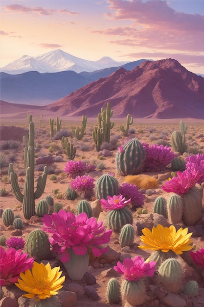 Paisagem desértica com cactos em flor em primeiro plano