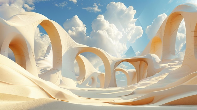 Paisagem desértica com dunas de areia, arcos quadrados e nuvens brancas em 3D