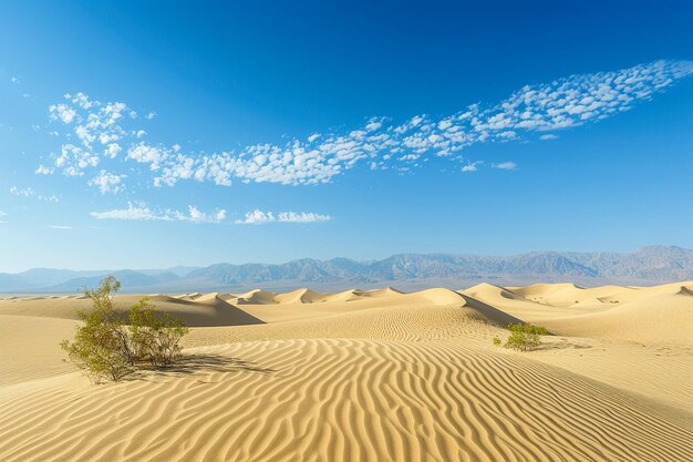 paisagem desértica com dunas de areia em primeiro plano e montanhas no horizonte