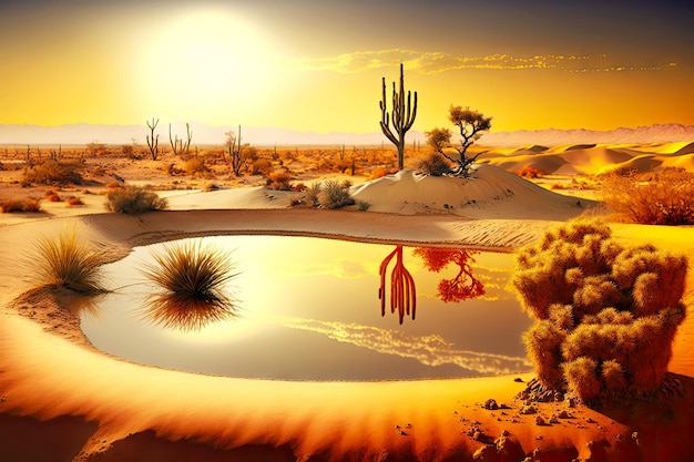 Paisagem desértica com sol de cactos e dunas de areia refletido na lagoa generativa ai