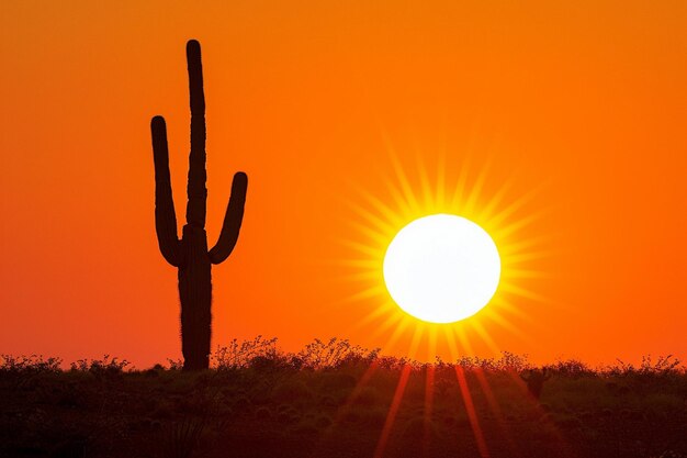 Paisagem desértica com um cacto solitário em silhueta contra o sol a pôr no horizonte distante