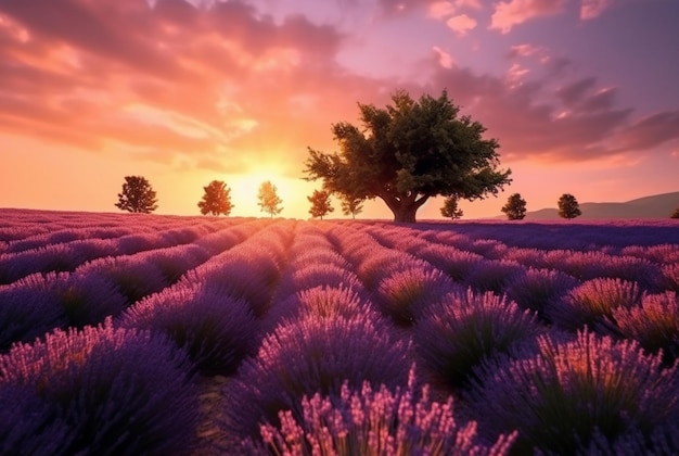 Paisagem deslumbrante com campo de lavanda ao pôr do sol Generative AI