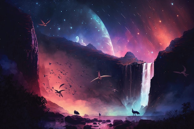 Paisagem deslumbrante com Mist Giant Falls e Bright Nebula