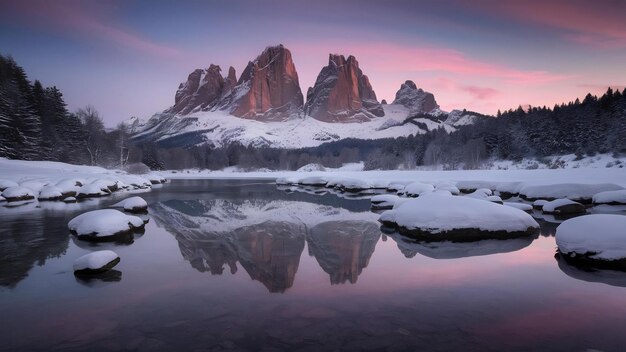 Foto paisagem deslumbrante das rochas nevadas nos alpes italianos dos dolomitas no inverno