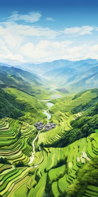 Paisagem deslumbrante do vale Reprodução fotorrealista de campos de arroz e terraços