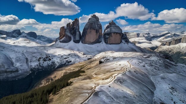 Paisagem deslumbrante dos picos pedregosos e nevados de tre cime di lavaredo dolomites belluno itália