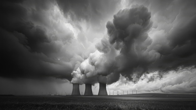 Foto paisagem desolada de uma central nuclear sob um céu sombrio