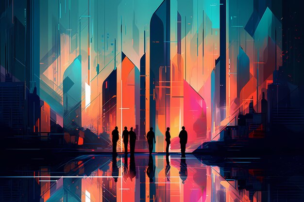 Paisagem digital abstrata com cores vibrantes e linhas nítidas paisagem urbana futurista com silhuetas de pessoas Formas e padrões geométricos Simetria e equilíbrio Generative Ai