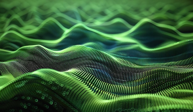 Paisagem digital abstrata com ondas verdes onduladas e pontos de dados