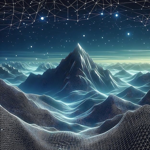 Paisagem digital abstrata com partículas pontos e estrelas no horizonte AI Gerado