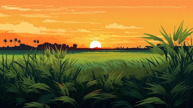 Paisagem do campo agrícola ao pôr do sol, ilustração gerada por IA