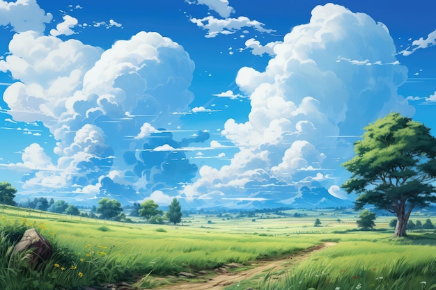 Paisagem do campo de arroz e céu azul com nuvens Pintura digital