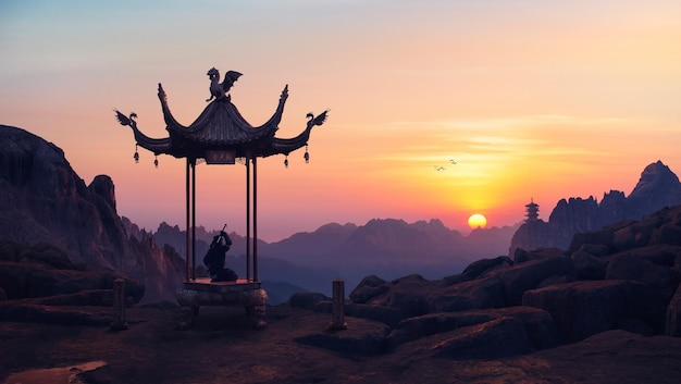 Foto paisagem do céu roxo com pôr do sol e um ninja dentro de um coreto oriental coreto pagoda no pico das montanhas