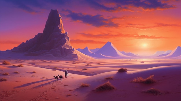Paisagem do deserto ao pôr do sol com altas dunas de areia lançando longas sombras uma caravana solitária de camelos Generative ai