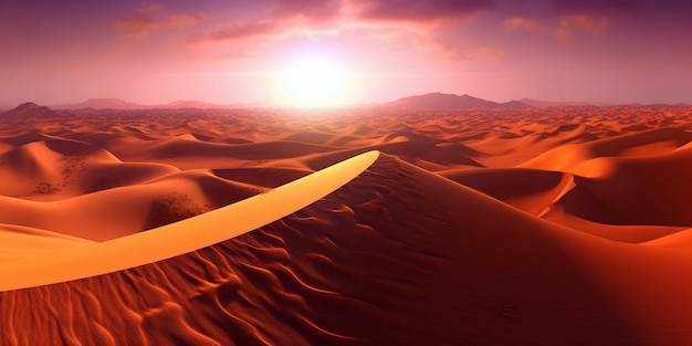 Foto paisagem do deserto ao pôr do sol com altas dunas de areia lançando longas sombras uma caravana solitária de camelos generative ai
