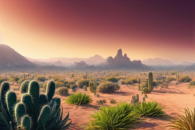 Paisagem do deserto arenoso com montanhas de cactos verdes ao pôr do sol ilustração 3d