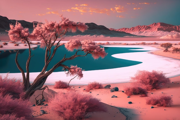 Paisagem do deserto com céu rosa sobre o lago azul no deserto