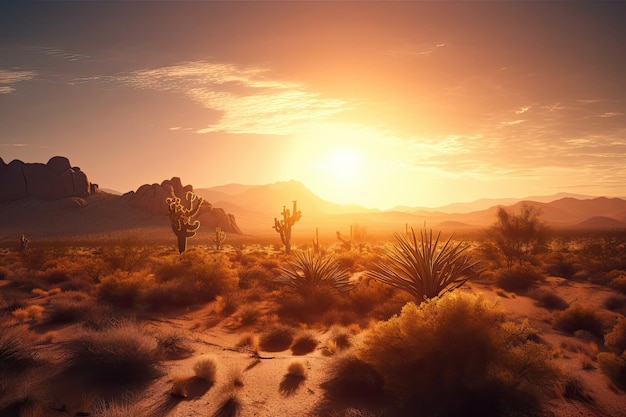 Paisagem do deserto com sol brilhante espreitando no horizonte, lançando um brilho quente e pacífico