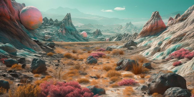 Paisagem do deserto da montanha espacial do novo planeta generativo ai