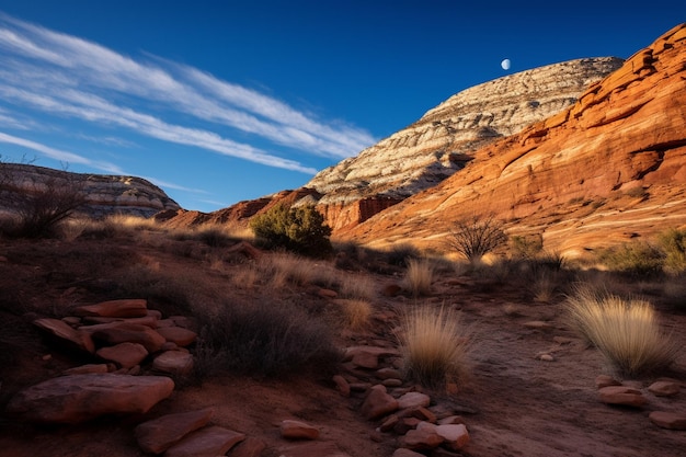 Paisagem do deserto do Arizona com rocha e lua cheia