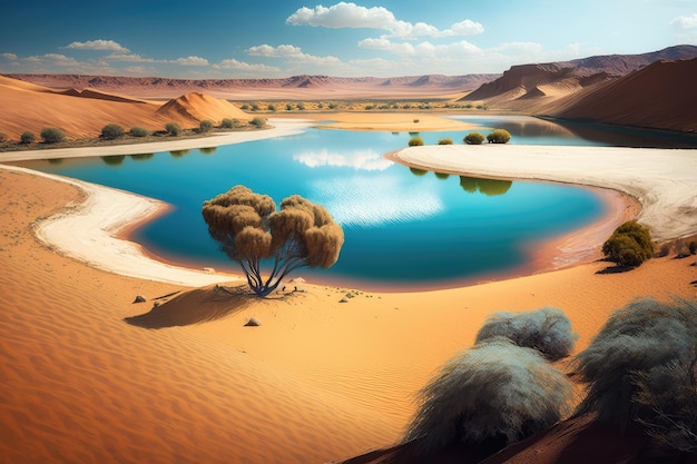 Paisagem do deserto e areia árida com lindo lago azul no deserto