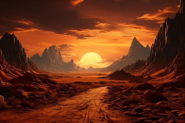 paisagem do deserto no espaço da cópia do pôr do sol