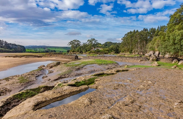 Paisagem do estuário com maré baixa e céu azul com nuvens