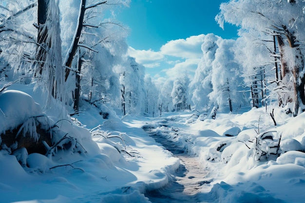 Paisagem do inverno com árvores cobertas de neve na floresta generativa ai