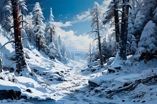 Paisagem do inverno com árvores cobertas de neve na floresta generativa ai