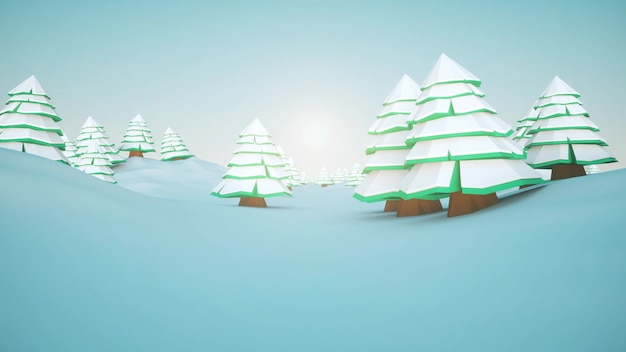 Paisagem do inverno com árvores dos desenhos animados, neve e céu azul. Renderização 3d